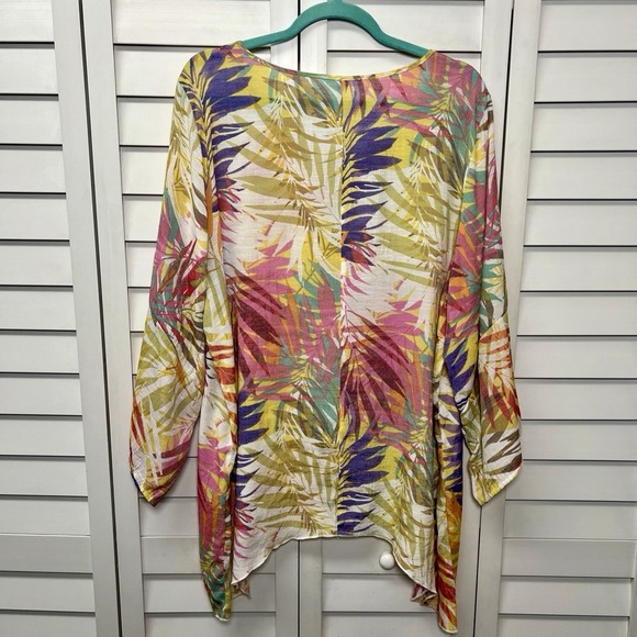 Spense Tropical Print Split Flare Sleeve V-Neck Asymmetrical Top Women's Size 1X - Picture 7 of 8